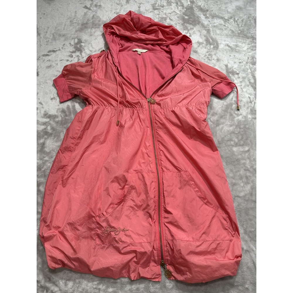 Sean John Hoodie Women's Size Large Pink Short Sleeve Full Zip Pockets EUC